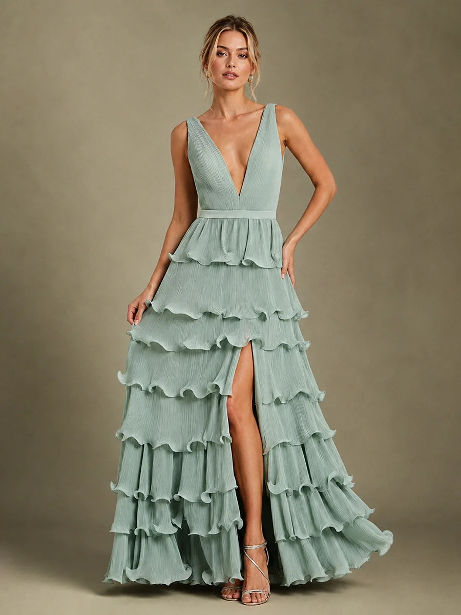 Sage Green Chiffon Tiered Ruffle Bridesmaid Dress with Slit