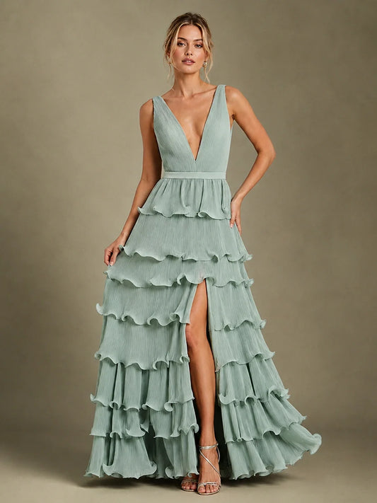 Sage Green Chiffon Tiered Ruffle Bridesmaid Dress with Slit