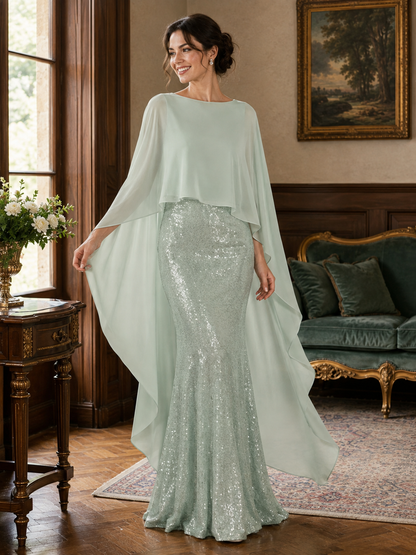 Sage Green Sequin Cape Sleeve Mother of the Bride Gown