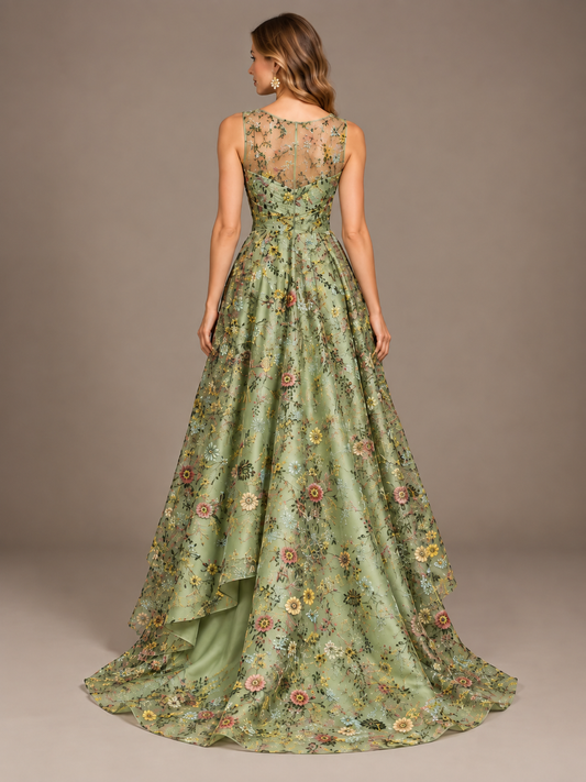 Sage Green Floral Embroidered A-Line High-Low Bridesmaid Dress