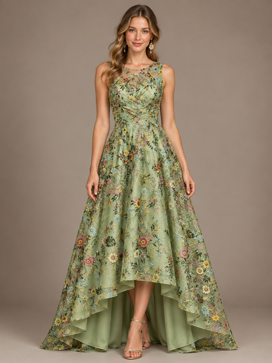 Sage green floral embroidered A-line high-low bridesmaid dress