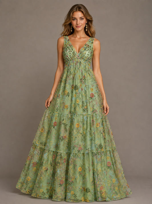 Sage green floral embroidered V-neck tiered bridesmaid dress
