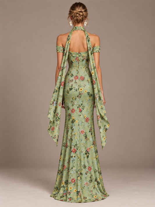 Sage Green Floral Embroidered Off-the-Shoulder Bridesmaid Dress with Slit