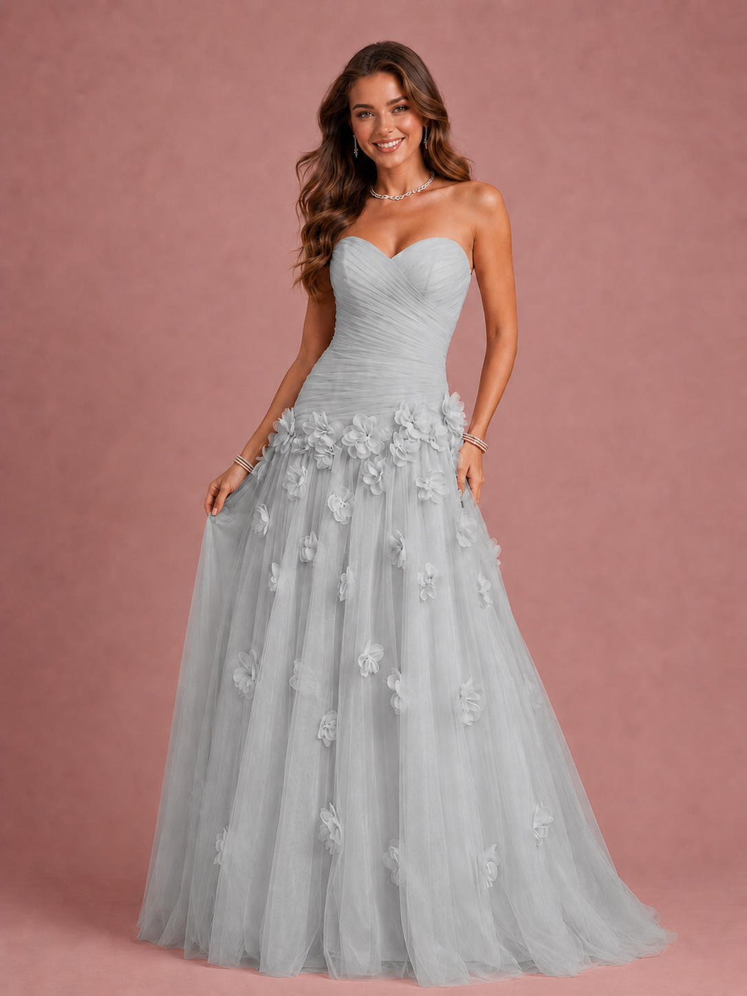 Blush Pink Strapless Sweetheart 3D Floral Tulle Ball Gown Prom Dres