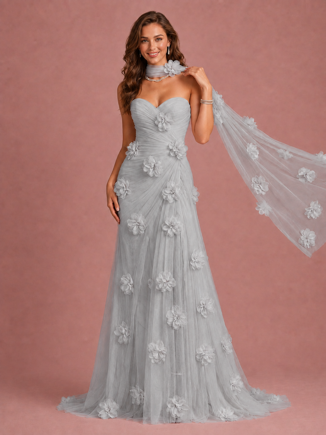 Blush Pink Strapless Sweetheart 3D Floral Tulle Mermaid Prom Dress