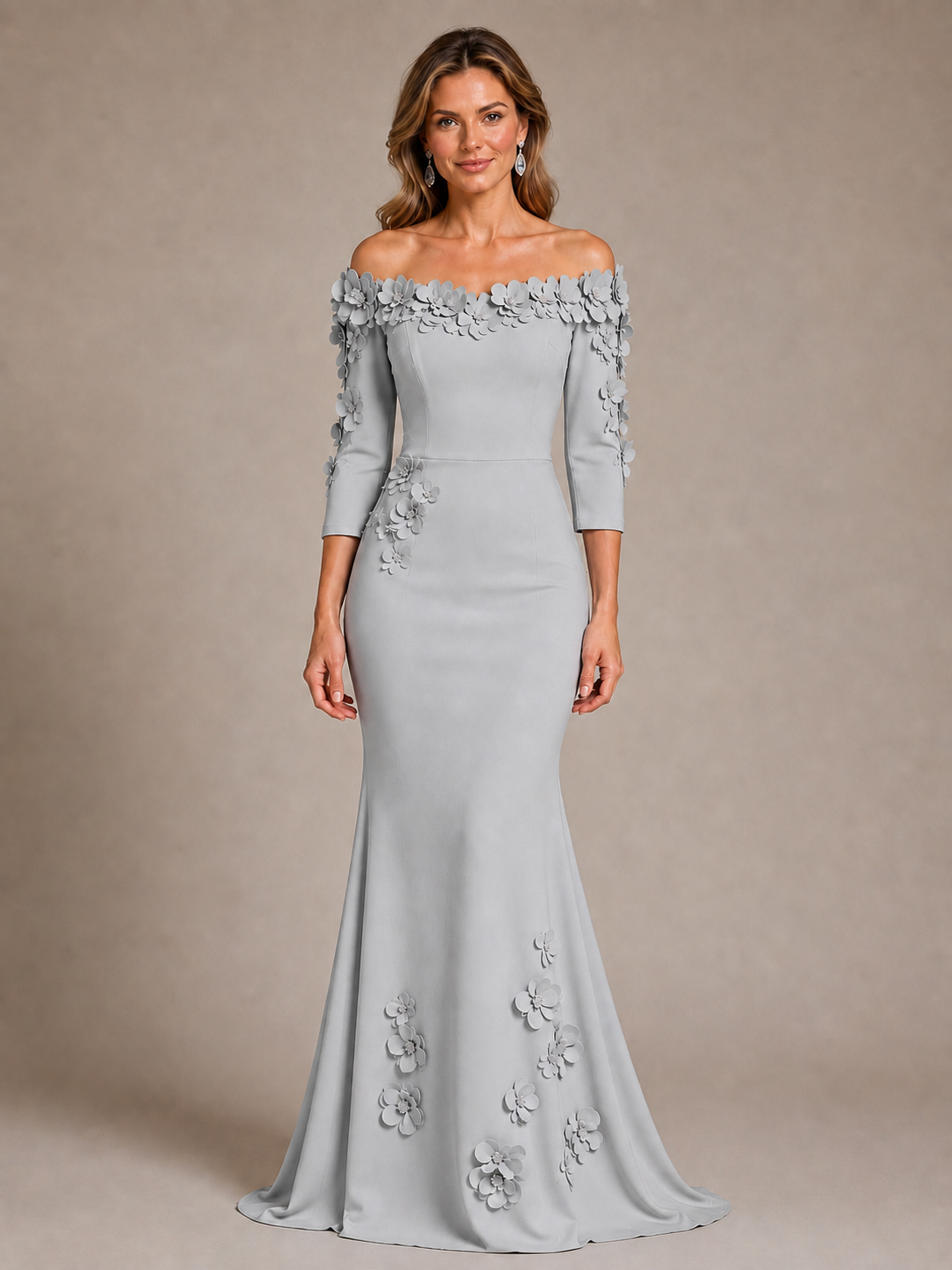 Light Blue 3D Floral Applique Off-the-Shoulder Mother of the Bride Dress