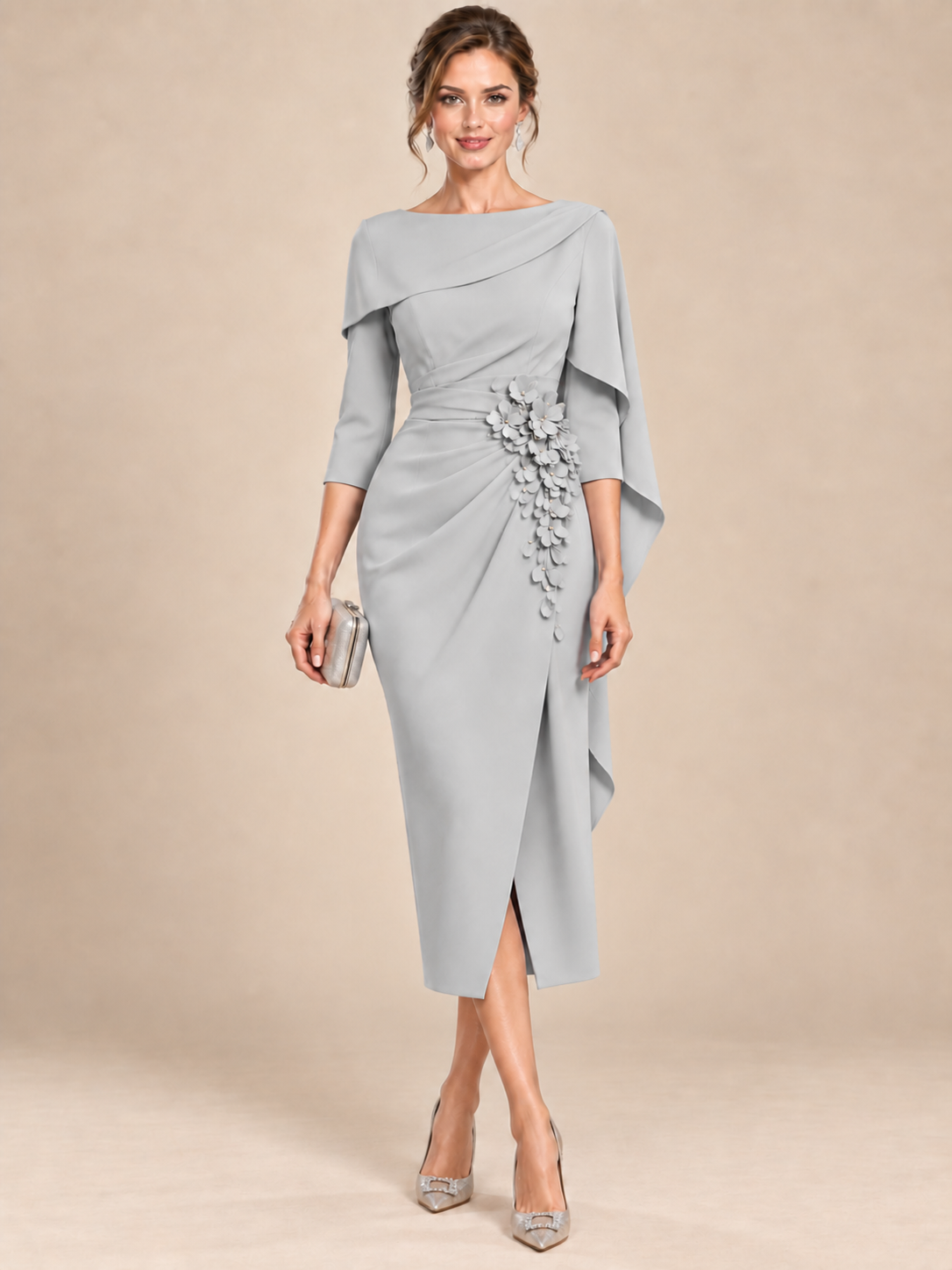 Light Blue Cape Sleeve Mother of the Bride Midi Dress with Floral Applique