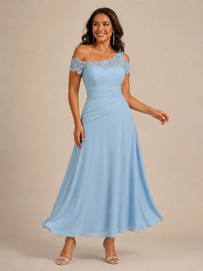 Light Blue A-Line Lace Chiffon Mother of the Bride Dress
