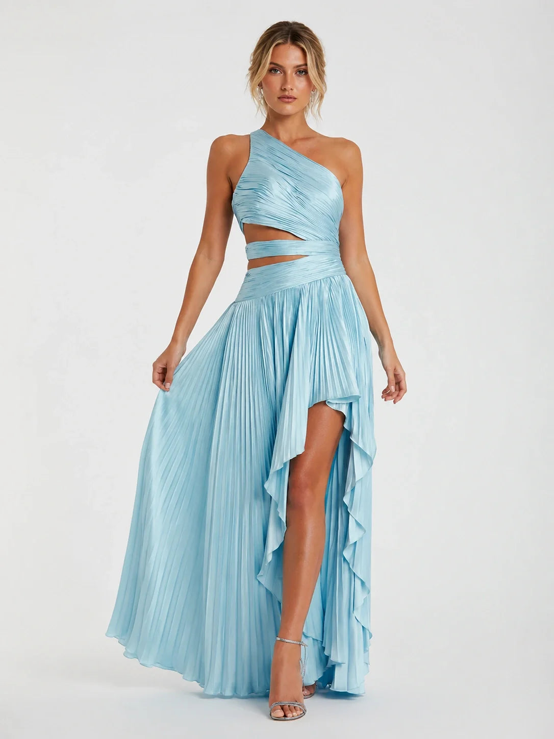 Light Blue Pleated One Shoulder Bridesmaid Dress with Slit