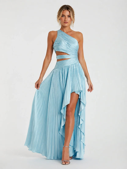 Light Blue Pleated One Shoulder Bridesmaid Dress with Slit