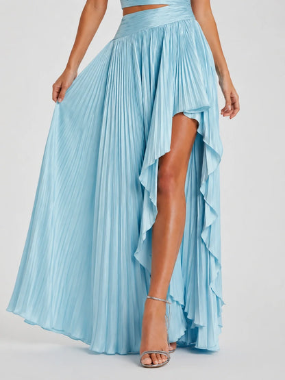 Light Blue Pleated One Shoulder Bridesmaid Dress with Slit