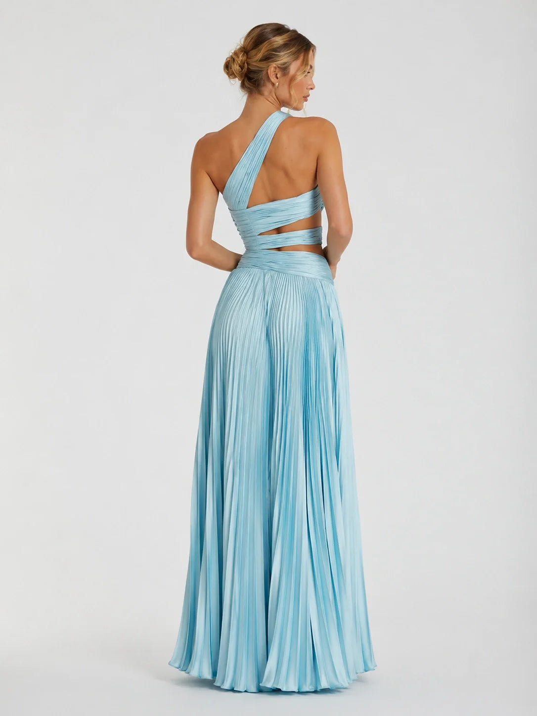 Light Blue Pleated One Shoulder Bridesmaid Dress with Slit