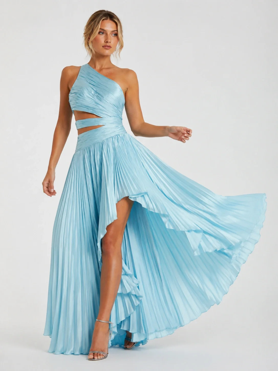 Light Blue Pleated One Shoulder Bridesmaid Dress with Slit