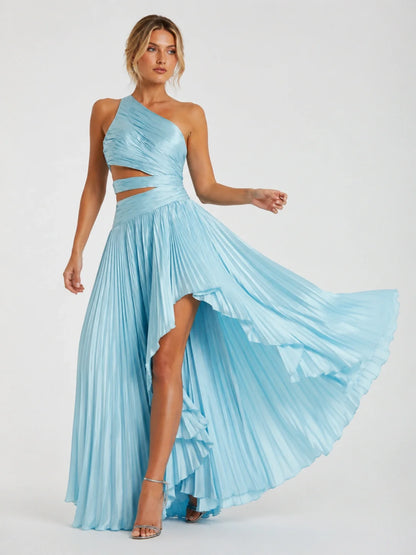 Light Blue Pleated One Shoulder Bridesmaid Dress with Slit