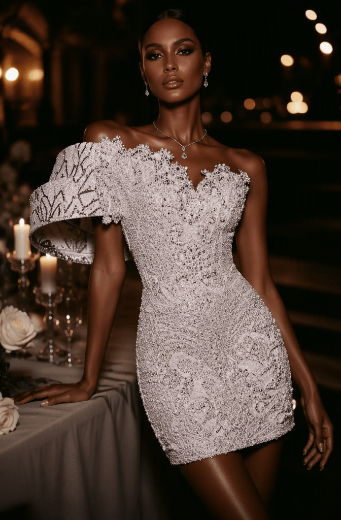 White Crystal Beaded One-Shoulder Cape Sleeve Mini Homecoming Dress - Front View