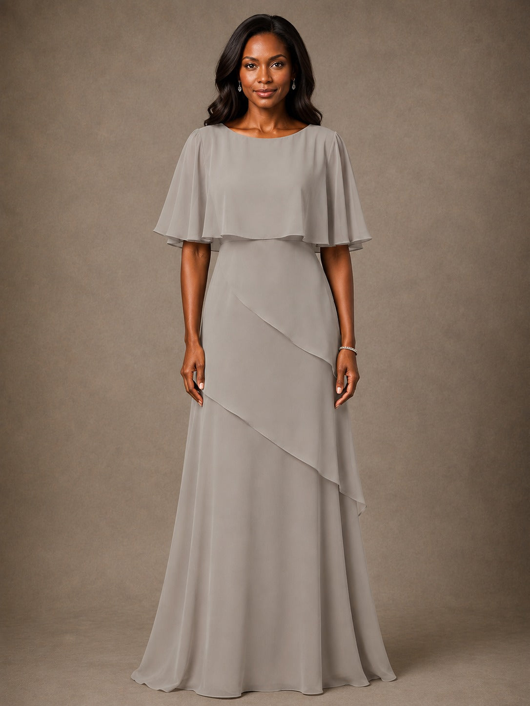 Taupe Chiffon A-Line Mother of the Bride Dress with Cape Sleeves