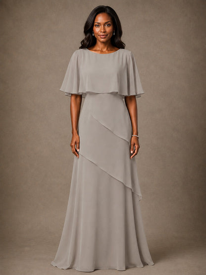 Taupe Chiffon A-Line Mother of the Bride Dress with Cape Sleeves
