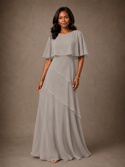 Taupe Chiffon A-Line Mother of the Bride Dress with Cape Sleeves