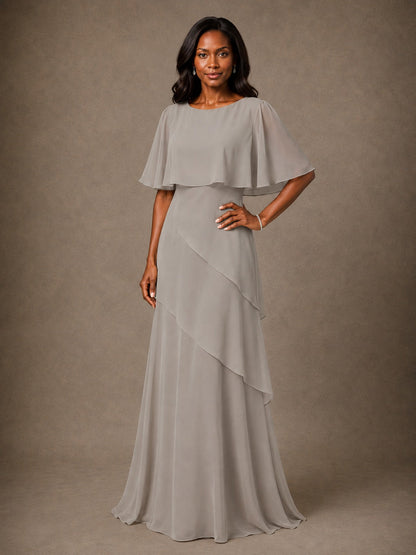 Taupe Chiffon A-Line Mother of the Bride Dress with Cape Sleeves