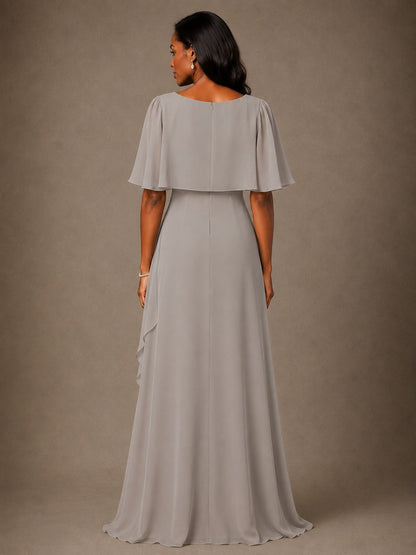 Taupe Chiffon A-Line Mother of the Bride Dress with Cape Sleeves