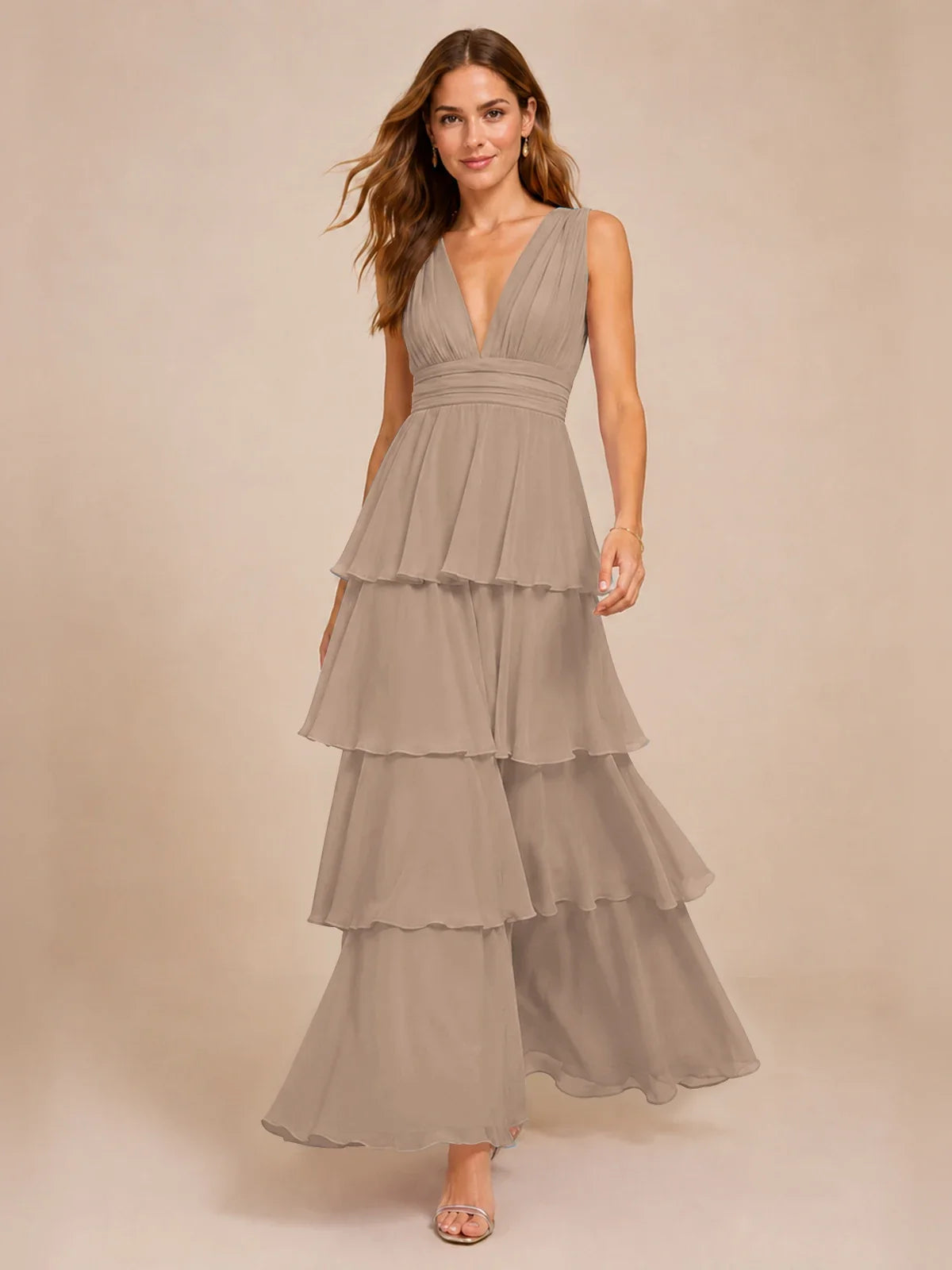 Elegant Deep V Neck Chiffon Bridesmaid Dress with Tiered Ruffles