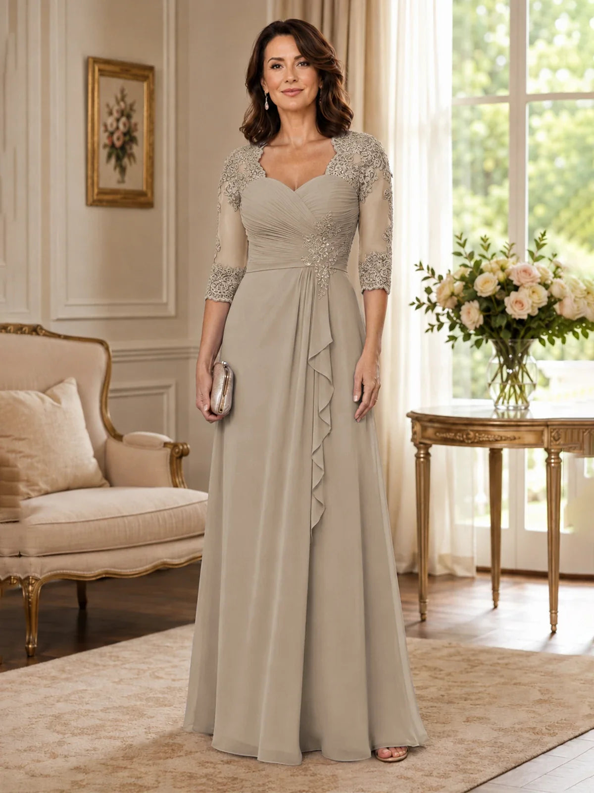 Chiffon Lace Applique Mother of the Bride Dress with 3/4 Sleeves
