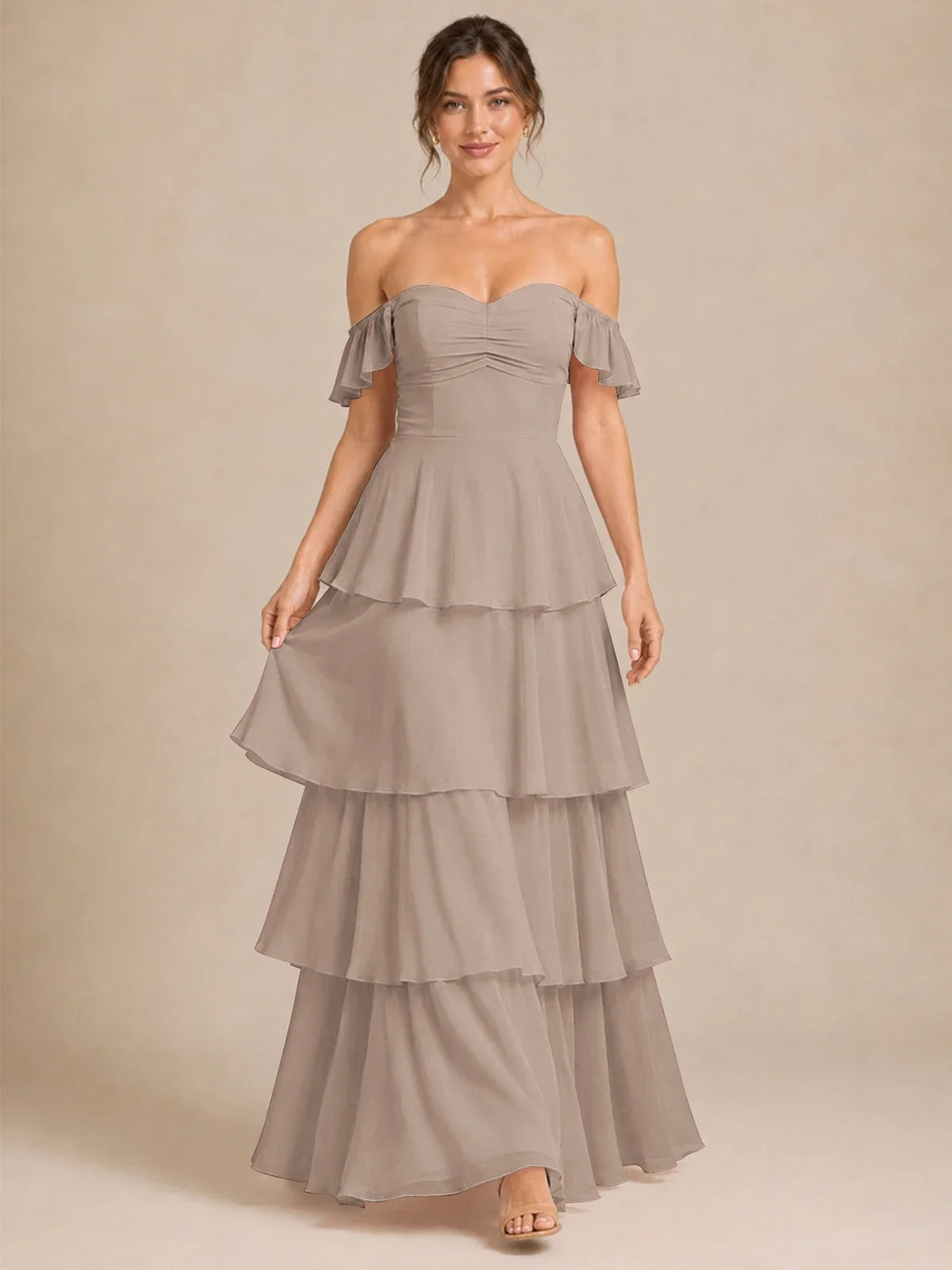 Off Shoulder Tiered Chiffon A-Line Bridesmaid Dress