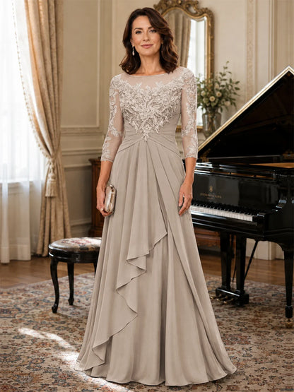 A-Line Chiffon Mother of the Bride Dress with Floral Applique 3/4 Sleeves
