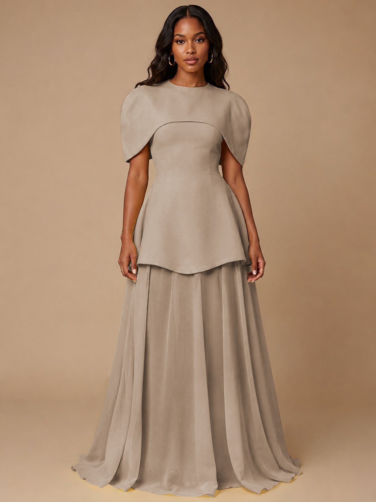 Yellow Cape Sleeve Peplum Maxi Dress