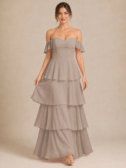 Off Shoulder Tiered Chiffon A-Line Bridesmaid Dress