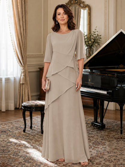 Asymmetric Draped Chiffon Mother of the Bride Dress with Flutter Sleeves