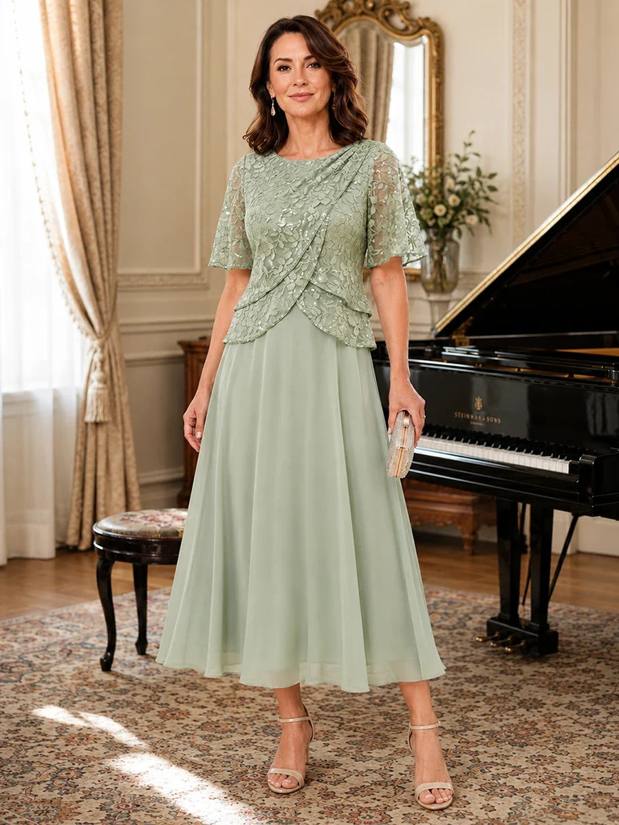 Tea-Length Chiffon Mother of the Bride Dress with Sequin Lace Sleeves