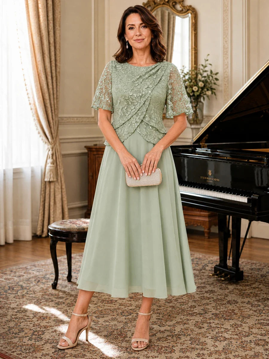 Tea-Length Chiffon Mother of the Bride Dress with Sequin Lace Sleeves