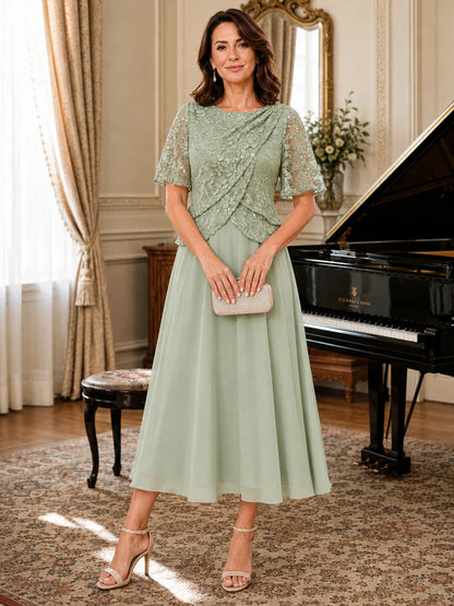 Tea-Length Chiffon Mother of the Bride Dress with Sequin Lace Sleeves