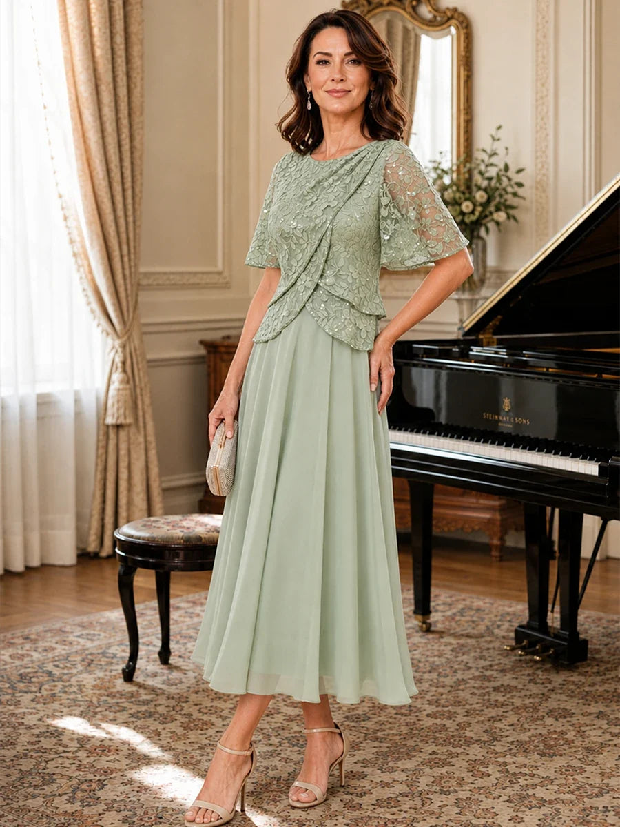 Tea-Length Chiffon Mother of the Bride Dress with Sequin Lace Sleeves
