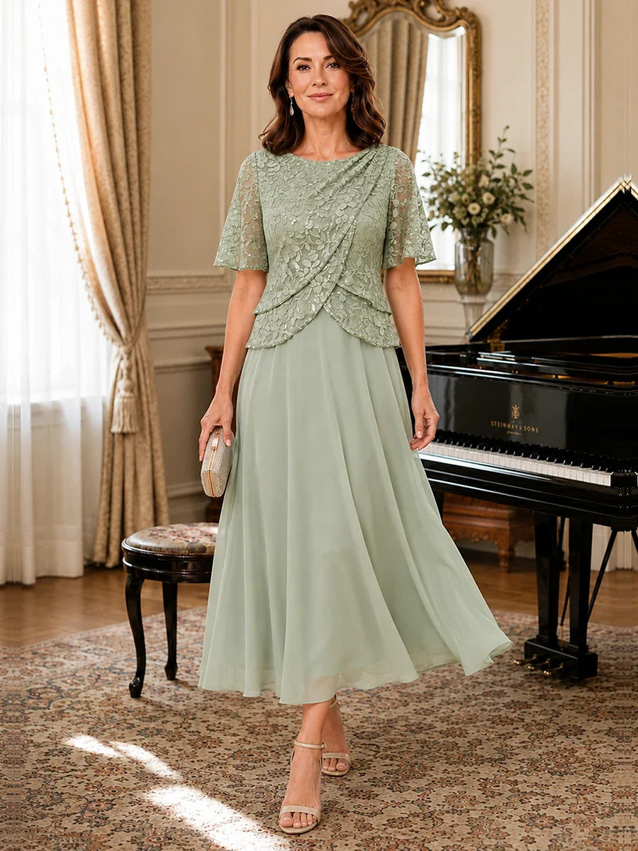 Tea-Length Chiffon Mother of the Bride Dress with Sequin Lace Sleeves