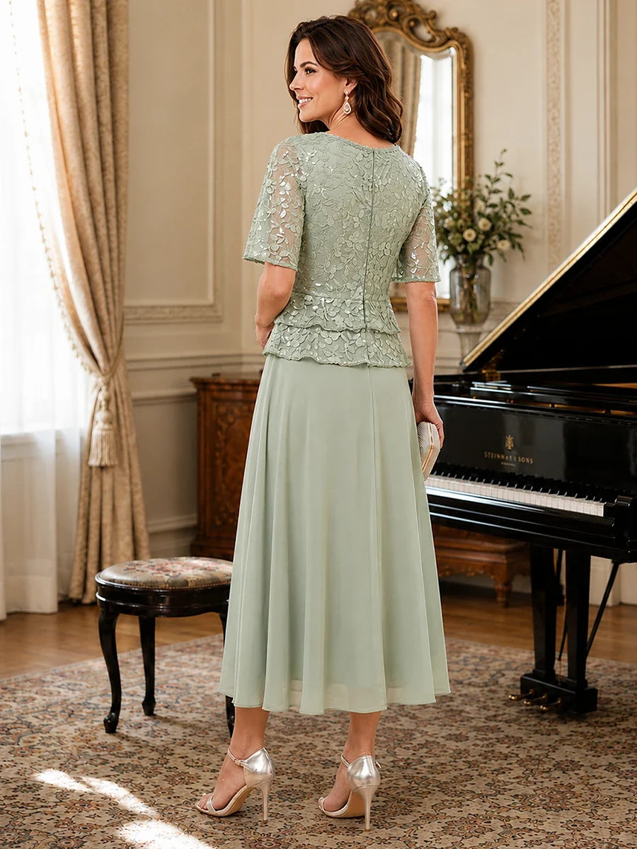 Tea-Length Chiffon Mother of the Bride Dress with Sequin Lace Sleeves