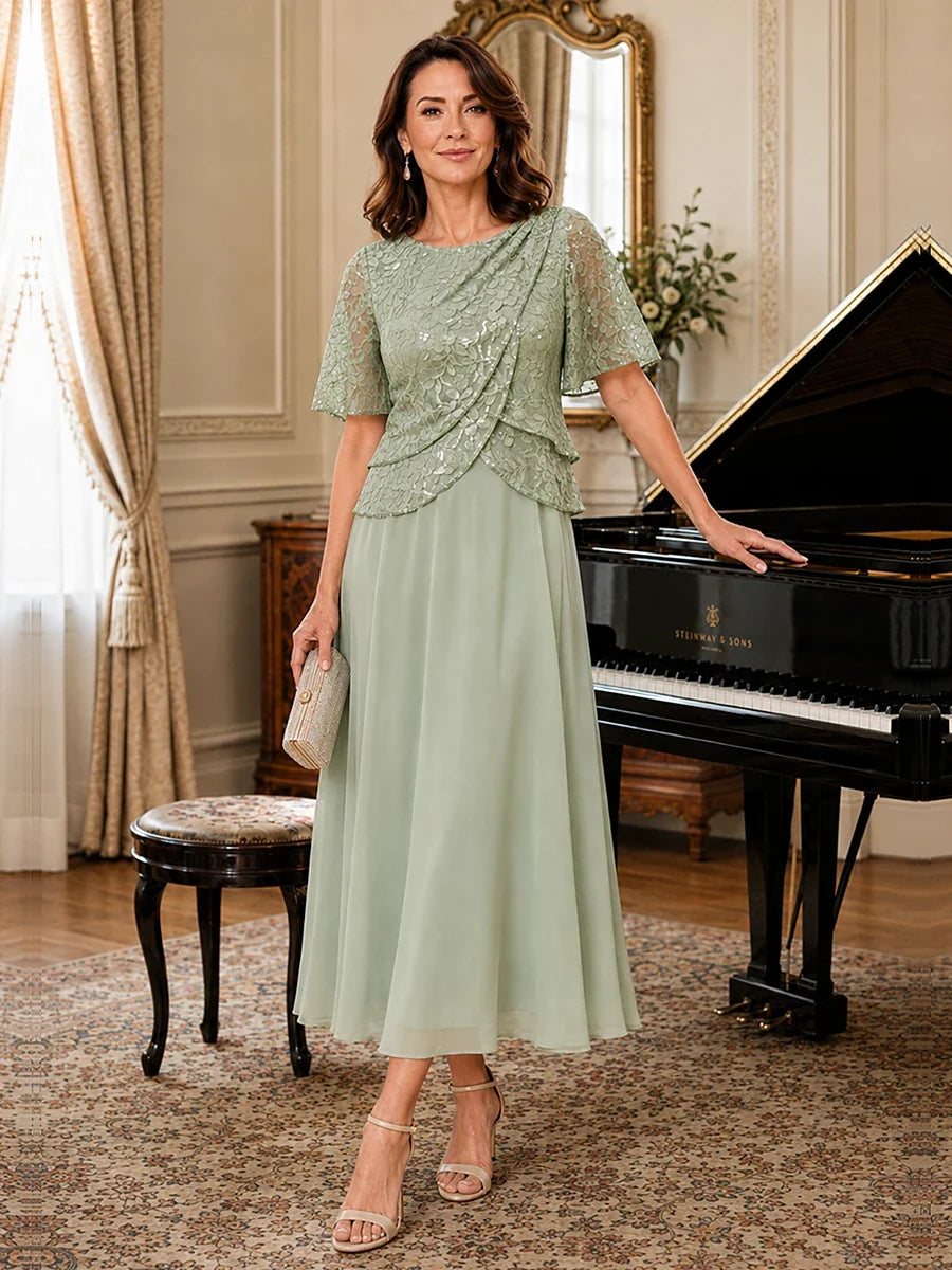 Tea-Length Chiffon Mother of the Bride Dress with Sequin Lace Sleeves