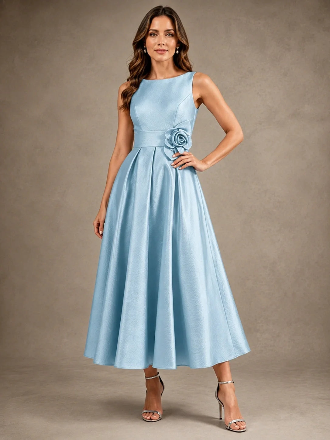 Tea-Length Satin Mother of the Bride Dress with 3D Flower Detail