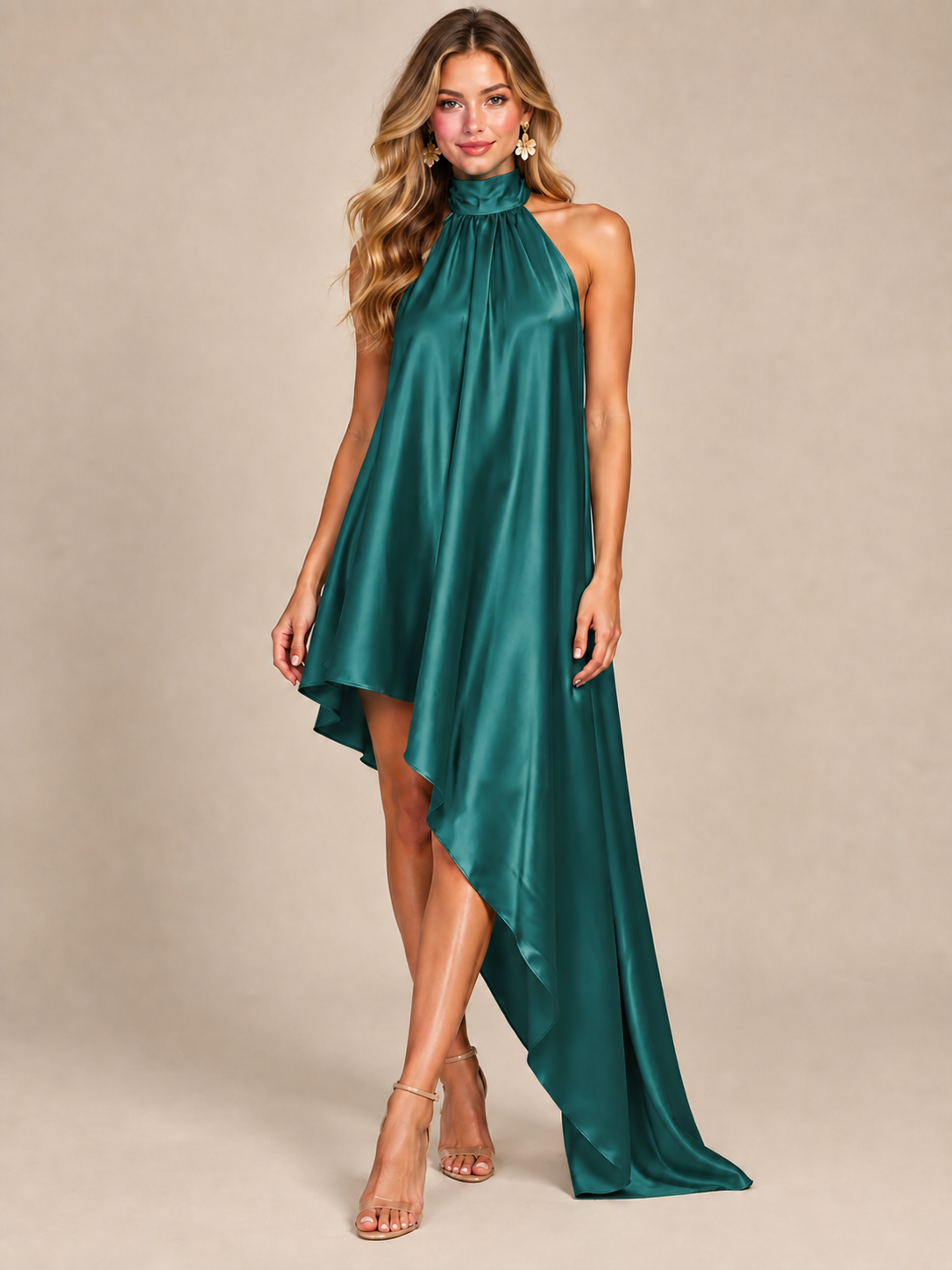Sage Green Satin Halter Neck High-Low Maxi Dress