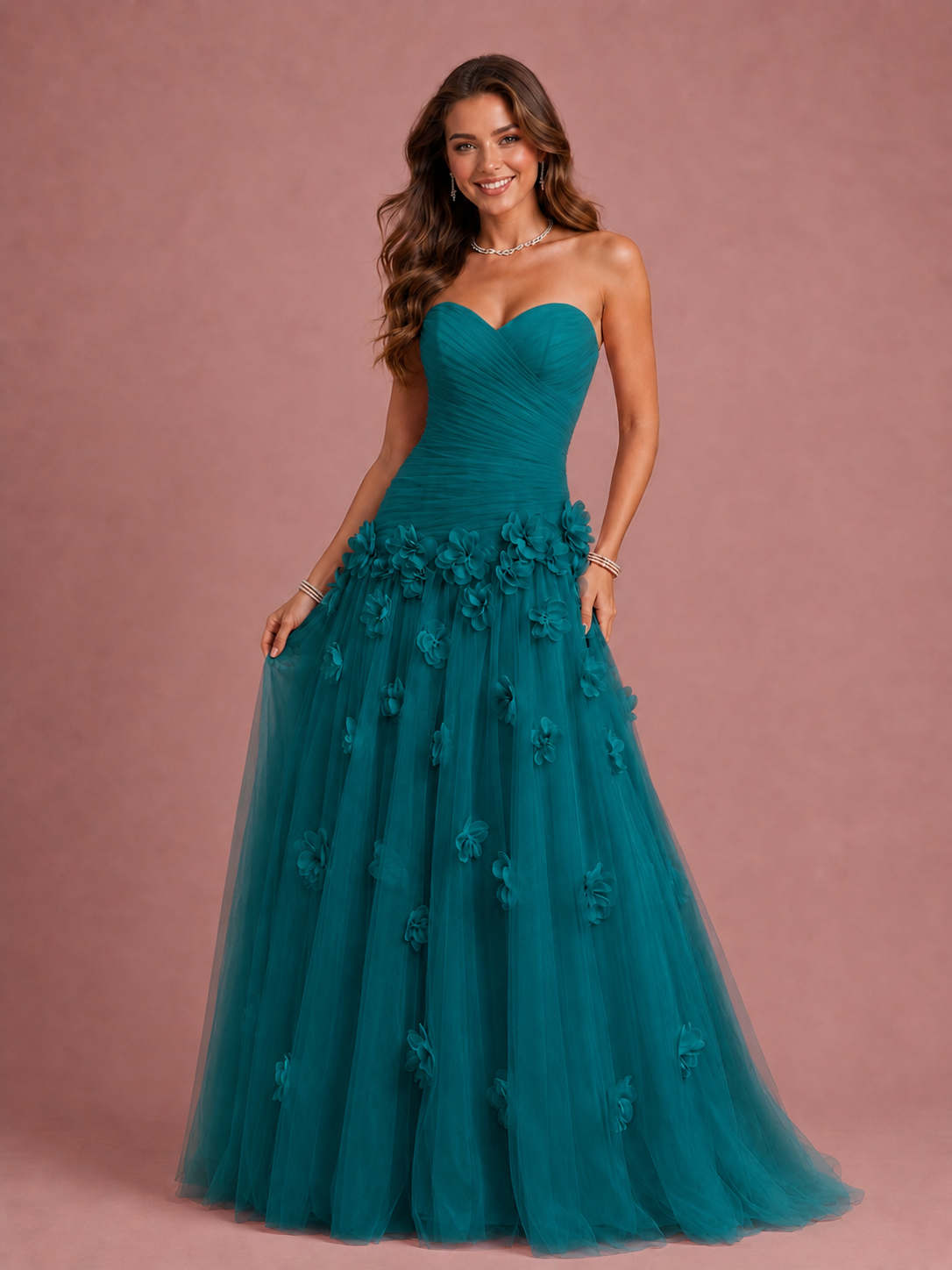 Blush Pink Strapless Sweetheart 3D Floral Tulle Ball Gown Prom Dres