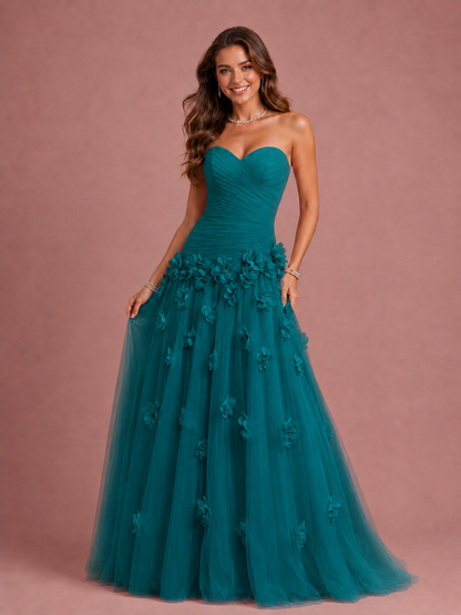 Blush Pink Strapless Sweetheart 3D Floral Tulle Ball Gown Prom Dres