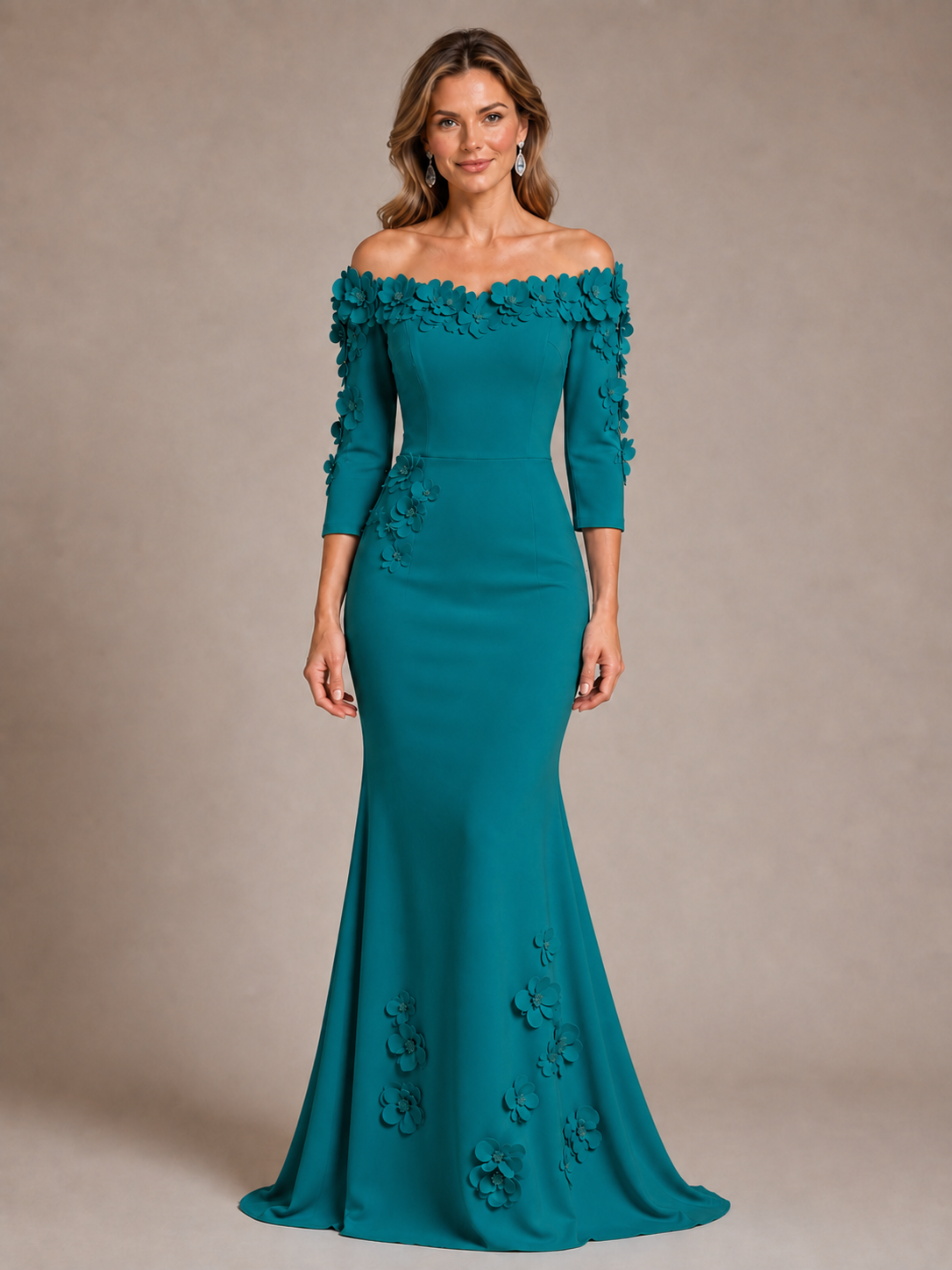 Light Blue 3D Floral Applique Off-the-Shoulder Mother of the Bride Dress