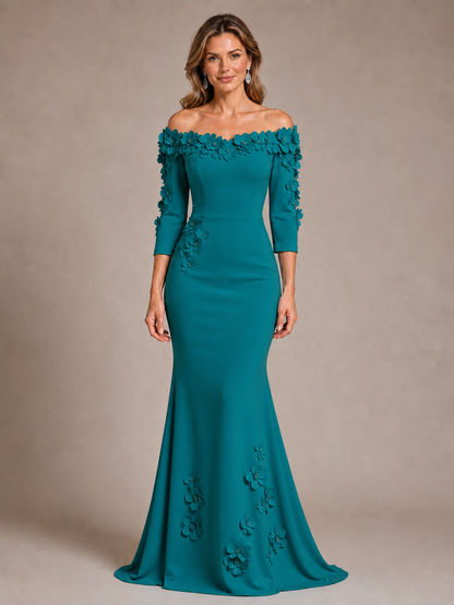 Light Blue 3D Floral Applique Off-the-Shoulder Mother of the Bride Dress