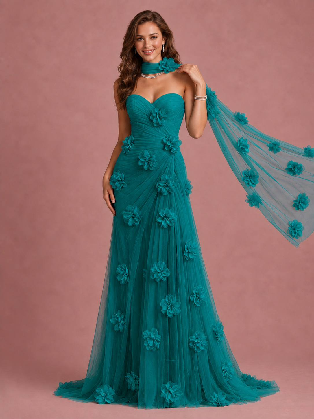 Blush Pink Strapless Sweetheart 3D Floral Tulle Mermaid Prom Dress