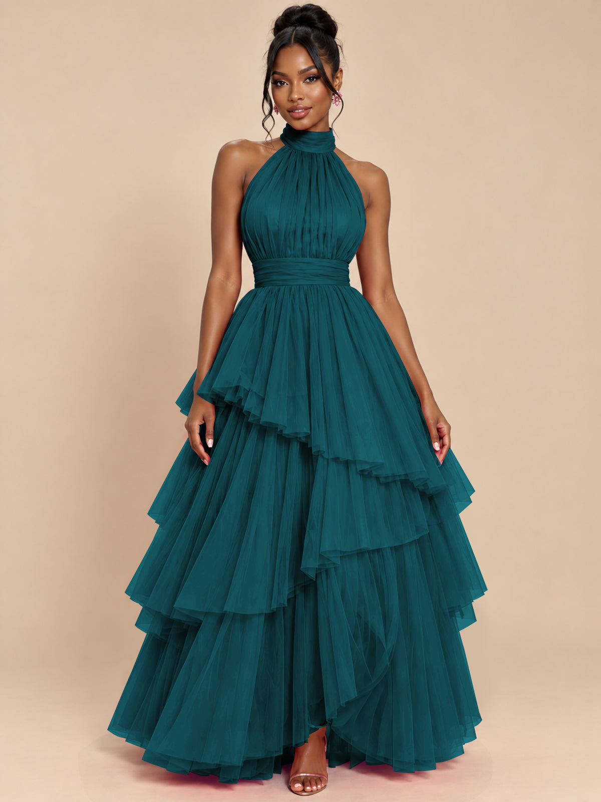 Hot Pink Tulle Halter Neck Tiered Ruffle Maxi Dress