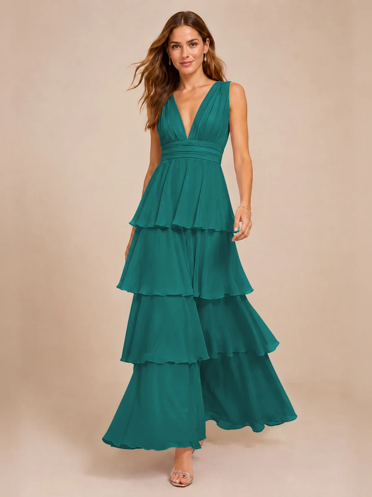 Elegant Deep V Neck Chiffon Bridesmaid Dress with Tiered Ruffles