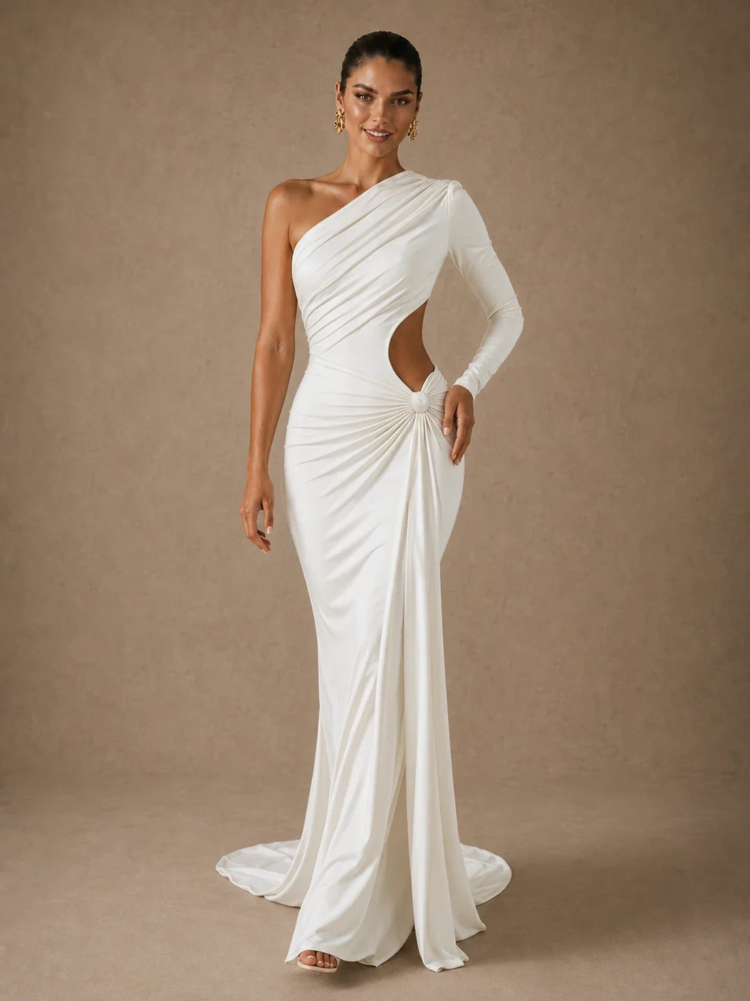 White Draped One-Shoulder Chiffon Gown