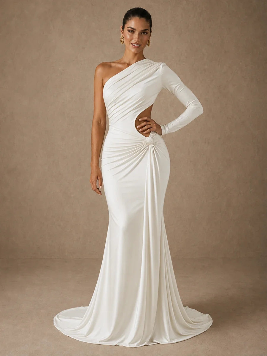 Jovellee Thalia white chiffon one-shoulder maxi dress with waist cutout, knotted hip detail and floor-length train