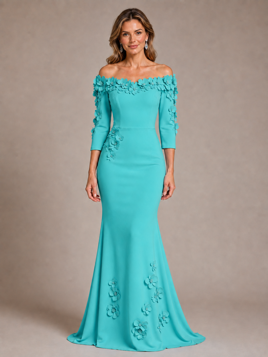 Light Blue 3D Floral Applique Off-the-Shoulder Mother of the Bride Dress
